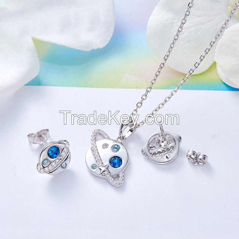 spaceship style silver jewelry sets with top AAA sea blue CZ