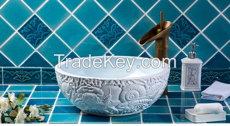 Jingdezhen Gucheng Hotel Bathroom Luxury Handmade Ceramic Art Hand Wash Basin Porcelain Sanitary Ware  Above Countertop