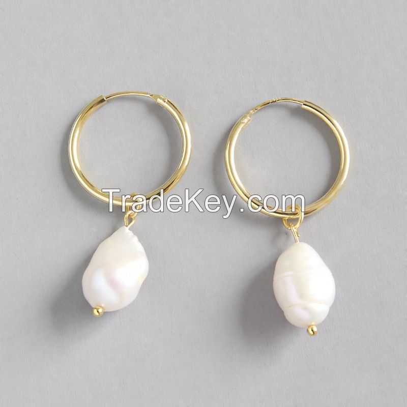 Baroque Freshwater Pearl Silver Simple Drop Dangle Hoop Earrings Jewelry for Women Girl