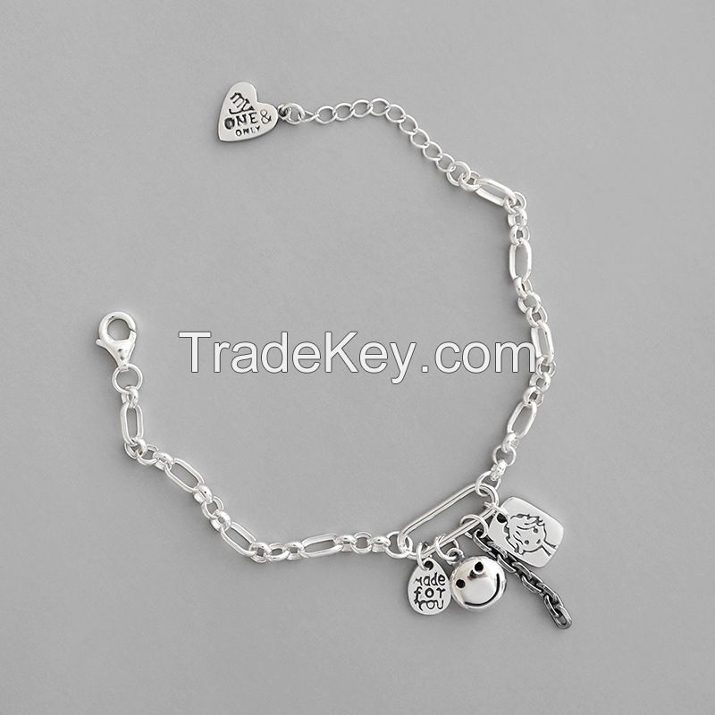 925 Sterling Silver Retro Jewelry Charms Tag Link Bracelet For Women