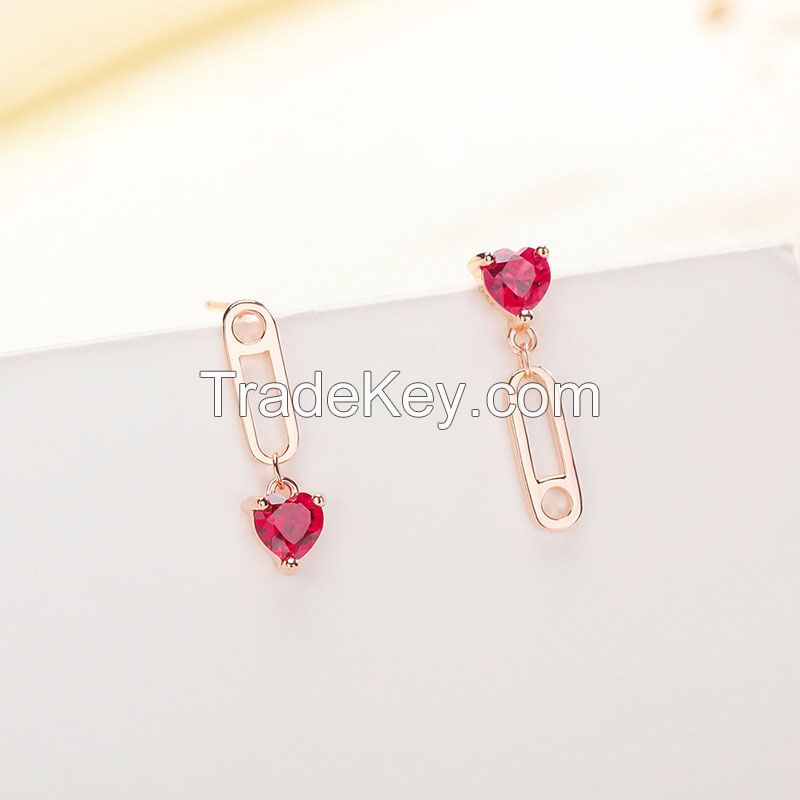 925 Sterling Silver Heart Red Zircon Stud Earrings Ladies and Girls Gift