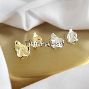 Mini Geometric Gold Tone Sterling Silver Irregular Stud Earrings for Women Girls Gift
