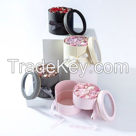 Wholesale Custom Luxury Handmade Round Gold Stamping 2 Layers Rotating Gifts Packaging Flower Boxes With Clear PVC Window
