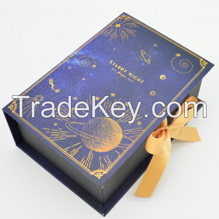 High end custom printed cardboard paper cosmetic gift set packaging box with ribbon