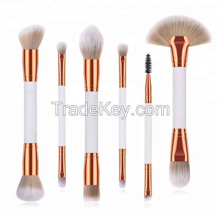 6PCS Double End Makeup Brush Set with Two Color Synthetic Hair, Gold Aluminum Ferrule, White Wooden Handle