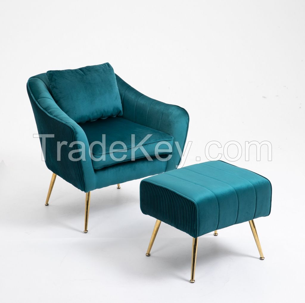 Mid-Century Nordic Blue Modern Gold Legs Comfortable Lumbar Support Ergonomic Home Accent Chair Living Room Chair with Ottoman