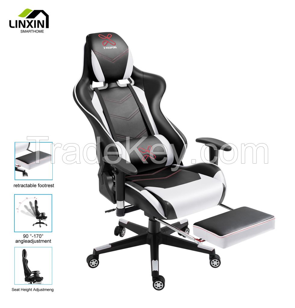 White and black gaming chair with big comfortable soft seat and pillow 8701