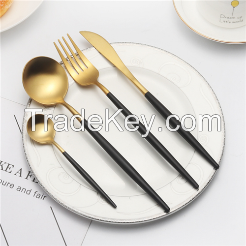 304 Stainless Steel Gold Portugal Designed Cutlery Set With Black Handle