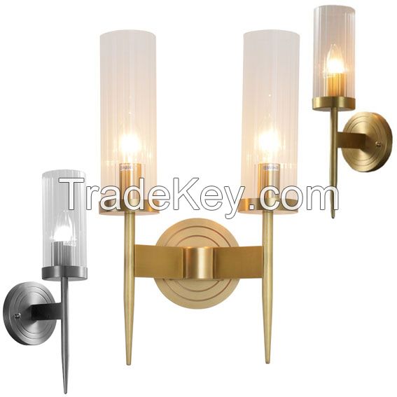 E14x2 Bulbs Glass Cover Hotel Home Bedside Nordic Indoor Modern Brass Copper Glass pipe Tube Lampshade Sconce Wall Lamp LED Crystal Wall Light