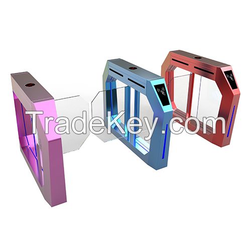 Swing gate motorized turnstile provides multiple operational modes including controlled passage, free passage and visitor