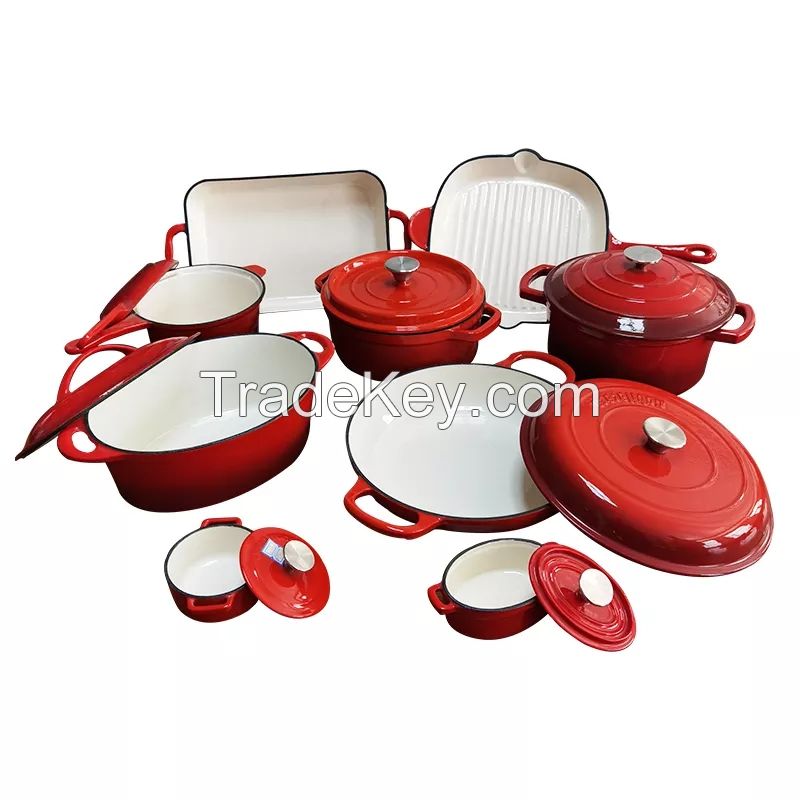 Factory Supply OEM Cast Iron Enamel Dutch Oven Cooking Pot Frying Pan Kitchen Cookware Set