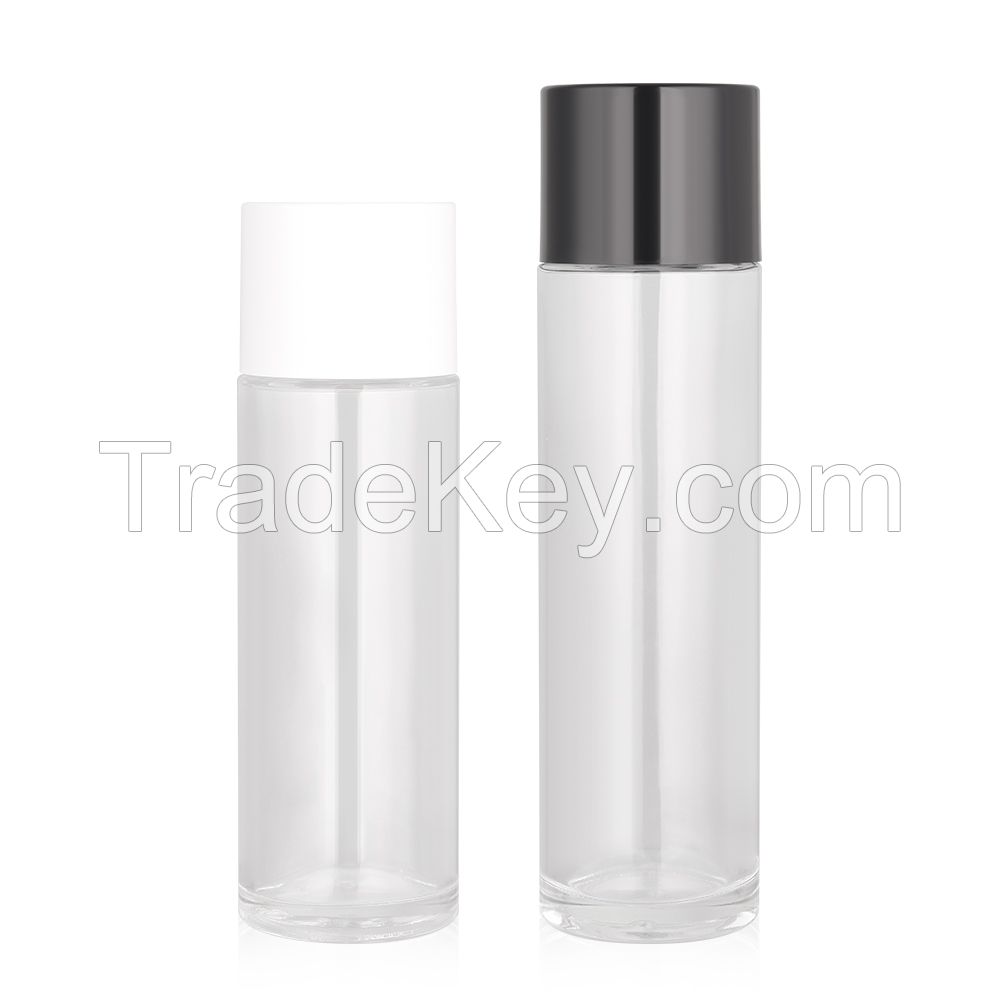 100 ml round toner bottle spot full cover transparent flat shoulder glass bottle 120ml cylindrical essence water emulsion bottle