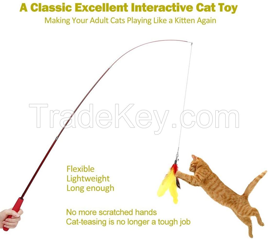 Interactive Cat Feather Toys, 2PCS Retractable Cat Wand Toy and 9PCS Squiggly Worm Feathers Teaser Refills, Cat Toys for Indoor Cats Kitten Play Chase Exercise