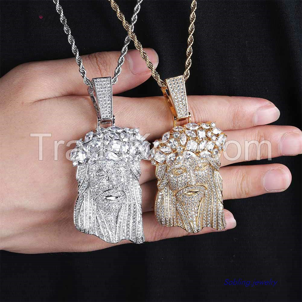 Sobling Newest design Big Jesus Pendant Necklace With Iced Out bling luxury clear 3A CZ fully paved and 5mm steel cuban link chain Men's Hip Hop Jewelry