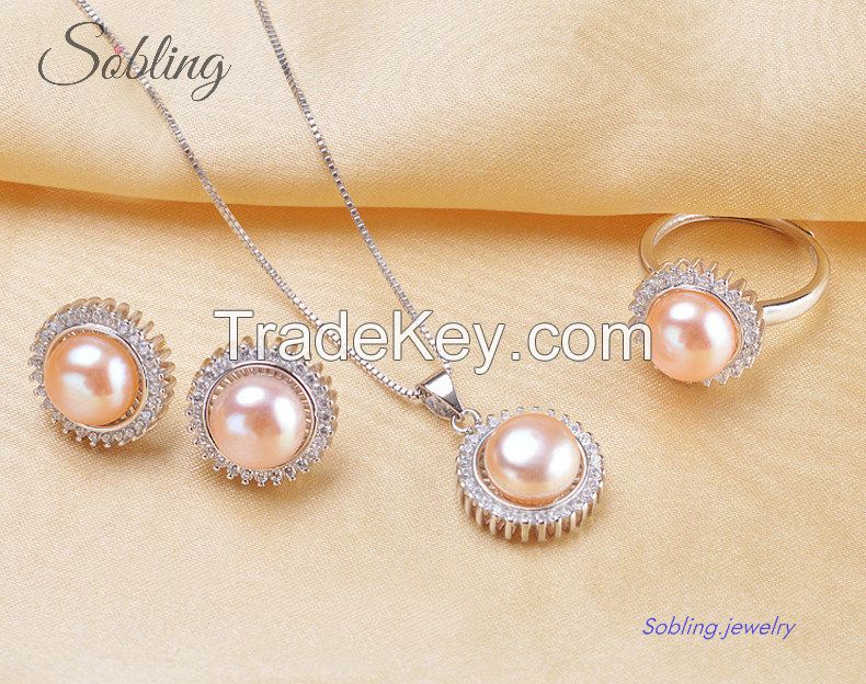 Sobling factory natural freshwater round Pearl jewelry set including CZ pendant ring earrings for women 925 sterling silver with white gold color plating