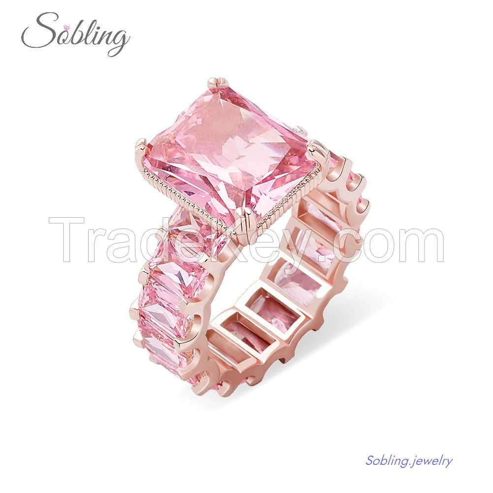 Sobling rose gold plated Copper Iced Out Pink Emerald Cubic Zirconia eternity Ring band Hip Hop Punk Bling solitaire engagement ring Jewelry