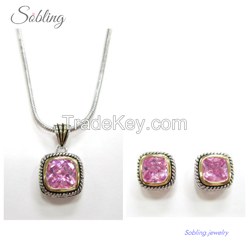 Sobling antique bali style designer inspired jewelry set with cable patterns decorated and squre cushion pink CZ bezel settings for women