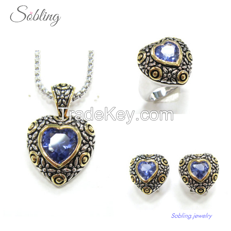 Sobling antique bali style designer inspired jewelry set with 4 clovers and gold dots decorated and sapphire heart CZ bezel settings by white rhodium for women lady