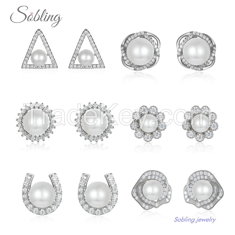 Sobling Natural White freshwater 4-6mm round Pearl 6 pairs of halo stud Earring sets with clear 3A micro paved CZ made from 925 Sterling Silver for Women white rhodium plating