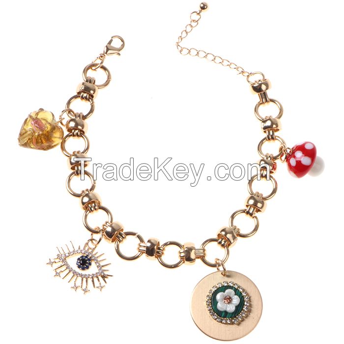 Hand Made Chain In Gold Plate With Murano Mushroom Metal Flower Charms Bracelets Jewelry For Woman