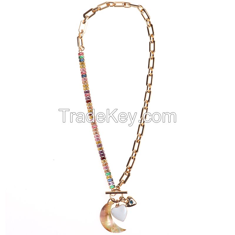 Fashion Design T/O Bar Gold Plated Moon Shell And Heart Pendant Necklace With Cubic Color Stone