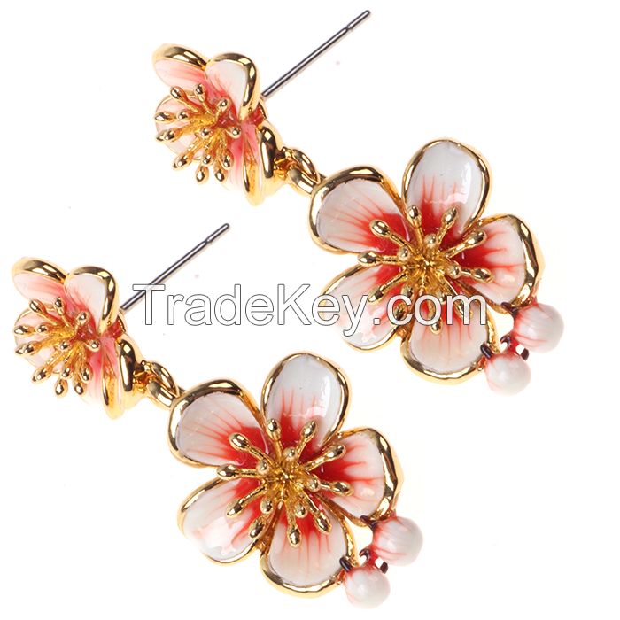 Delicate Enamel Real Flower Dangle Drop Earring -16k Real Gold Plated Fashion Jewelry For Girl/ Women Gift