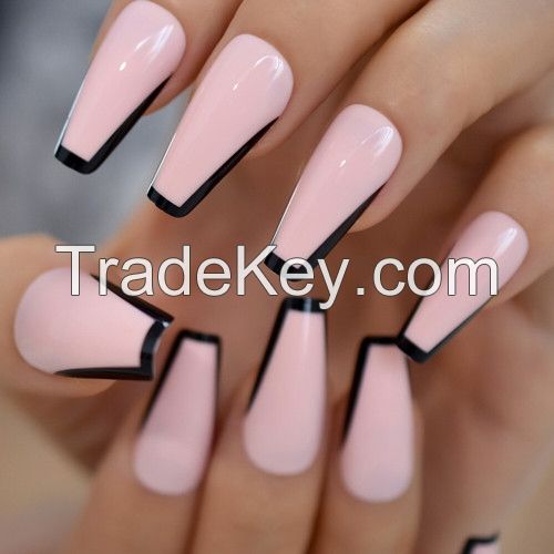 Glossy Light Pink French Press on Ballet False Nails Long Ballerina Coffin UV Full Cover Fake Finger