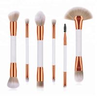 6PCS Double End Makeup Brush Set with Two Color Synthetic Hair, Gold Aluminum Ferrule, White Wooden Handle