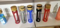 water glass bottles with handle bamboo lid with silicone sleeve