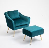 Mid-Century Nordic Blue Modern Gold Legs Comfortable Lumbar Support Ergonomic Home Accent Chair Living Room Chair with Ottoman