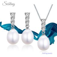 Sobling bridal women geometric long bail natural freshwater teardrop dangling pearl jewelry set with 925 sterling silver and white rhodium plating