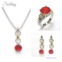 Sobling antique bali style designer inspired jewelry set with rope patterns decorated and round garnet CZ dangling pendant and earring 2 tones color