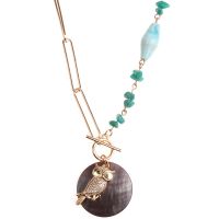 Classic Simple Clip Chain T/O Bar Gold Plated Circle Shell And Owl Pendant Necklace With Jade Bead