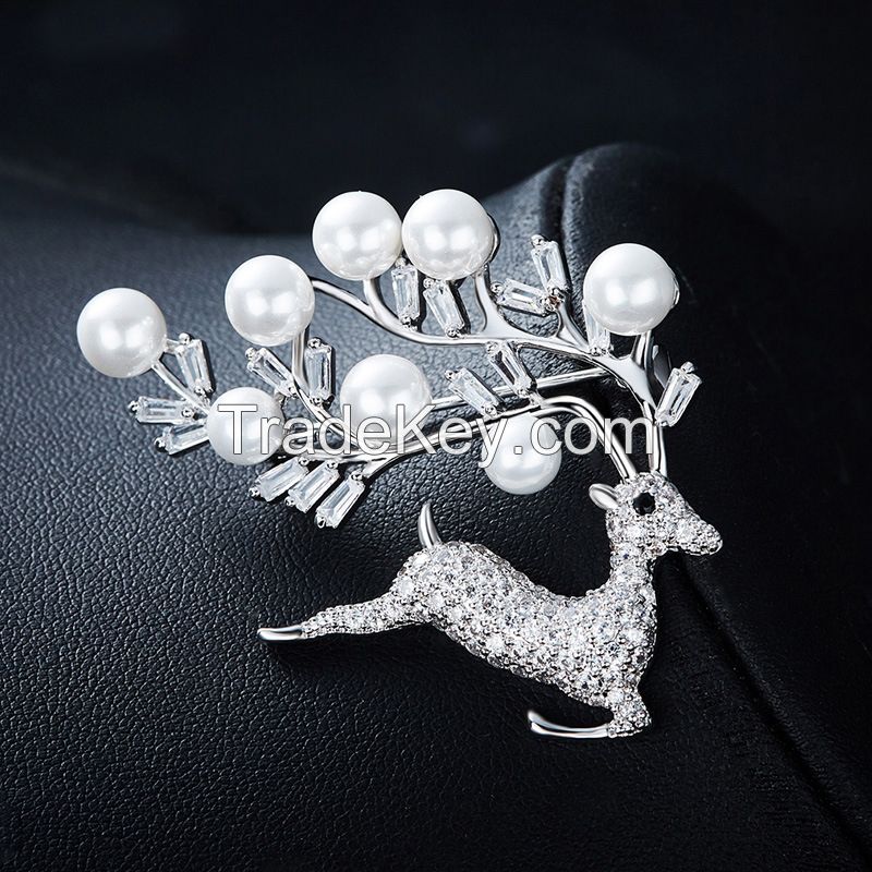 white rhodium plated silver brooches jewelry with top AAA CZ and natural pearls