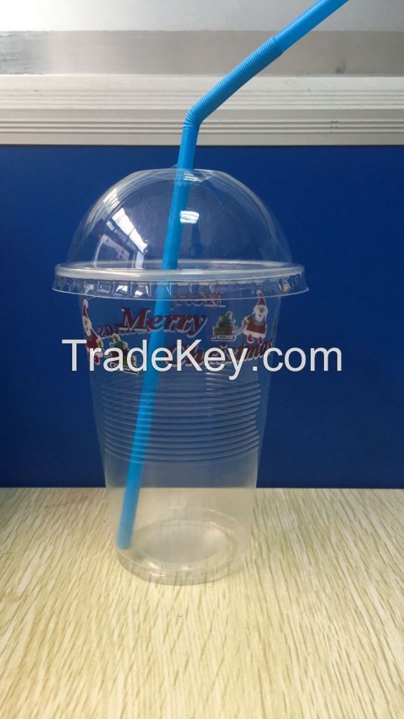 16oz/500ml disposable pp plastic cup with dom lid and straw custom logo printed