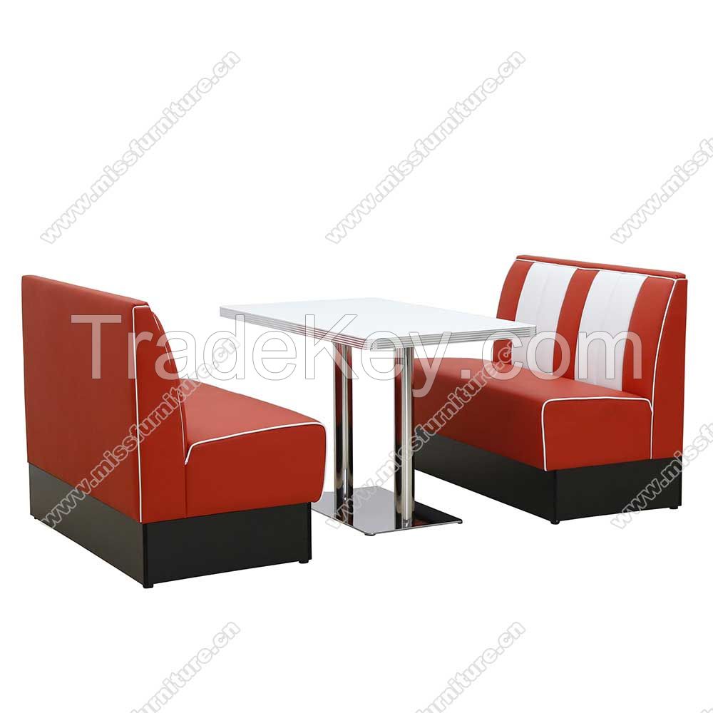 Hotsale double seating American retro diner red stripe booth seating and black table set furniture