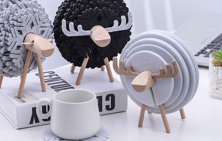 Sheep & Reindeer 12 Felt Coaster Set for Home Dector, Housewarming