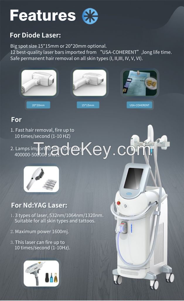 12 Multifunction 2 in 1 Beauty Salon Equipment Nd Yag Laser Hair Removal 532nm 1064nm Laser Tattoo Removal Machine