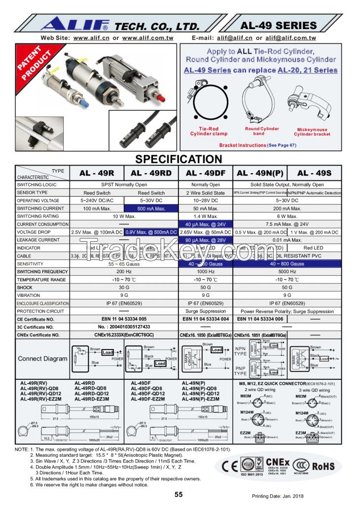 AL-49 Series Magnetic Sensors AL-49R, AL-49DF, AL-49S, AL-49N(P), AL-49S Reed type, Solid Contact type, PNP, NPN, Auto Detection