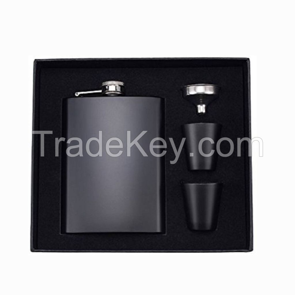 6oz black hip flask with a funnel set in a black gift box 