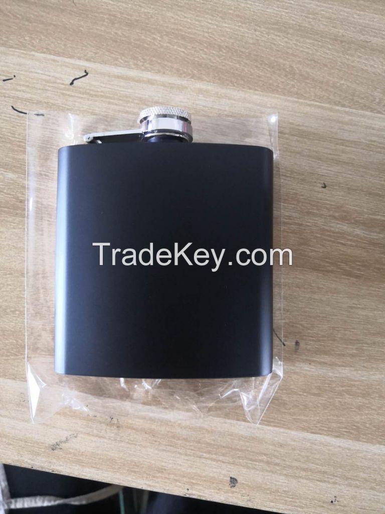 6oz black hip flask with a funnel set in a black gift box 