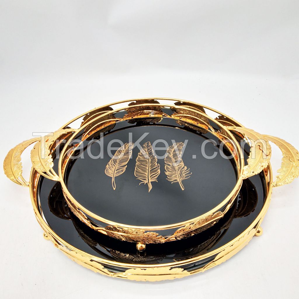 new design black glass mirror tray for food gold metal serving tray