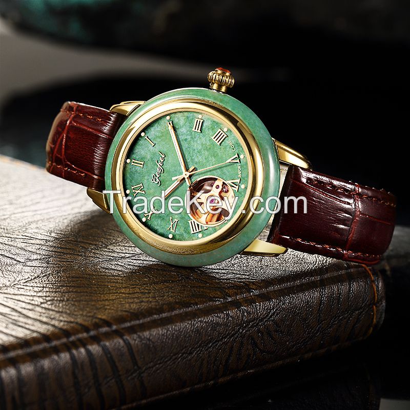 BSCI watch factory automatic movement skeleton jade watch for couple