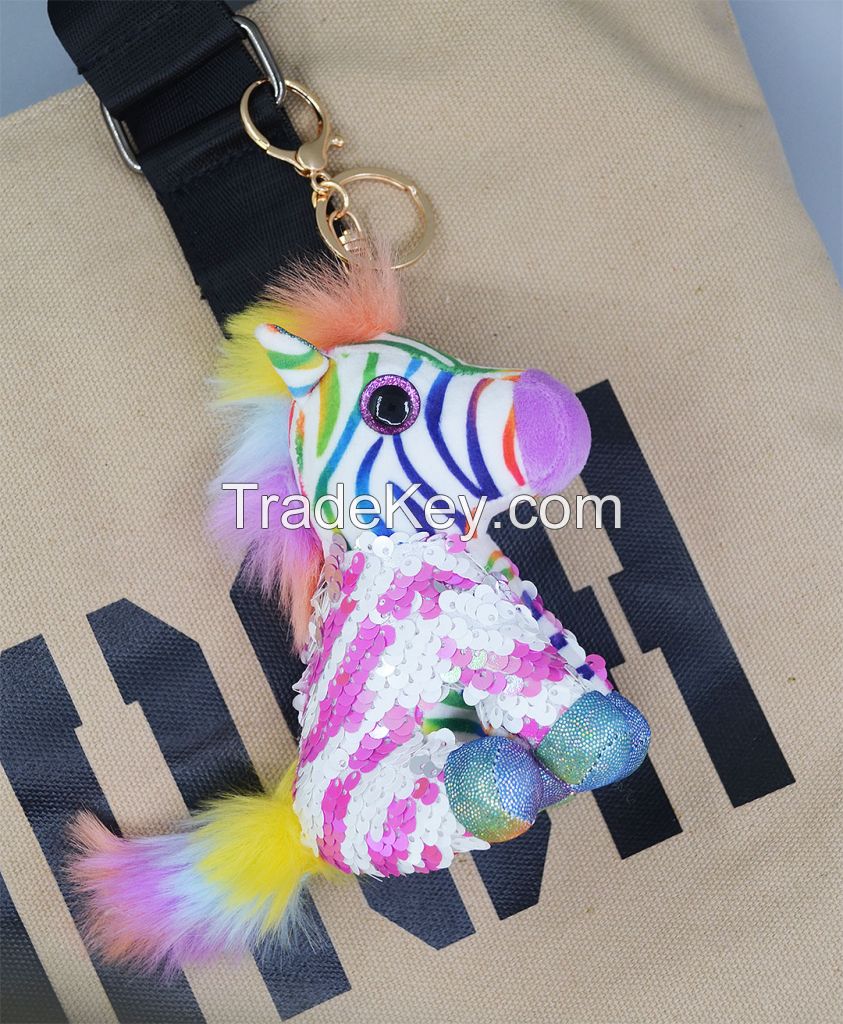 AYZTOYSequin zebra horse plush toy bag Clothing leather key ring buckle