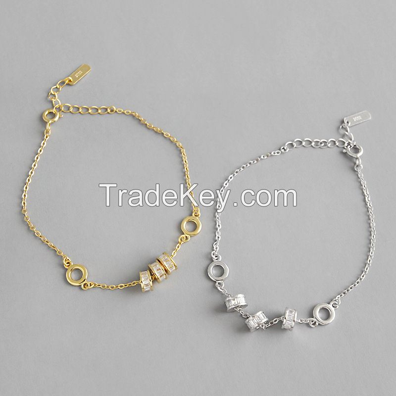 925 Sterling Silver Gold Plated Jewelry Lucky Beads Chain Bracelet White Zirconia