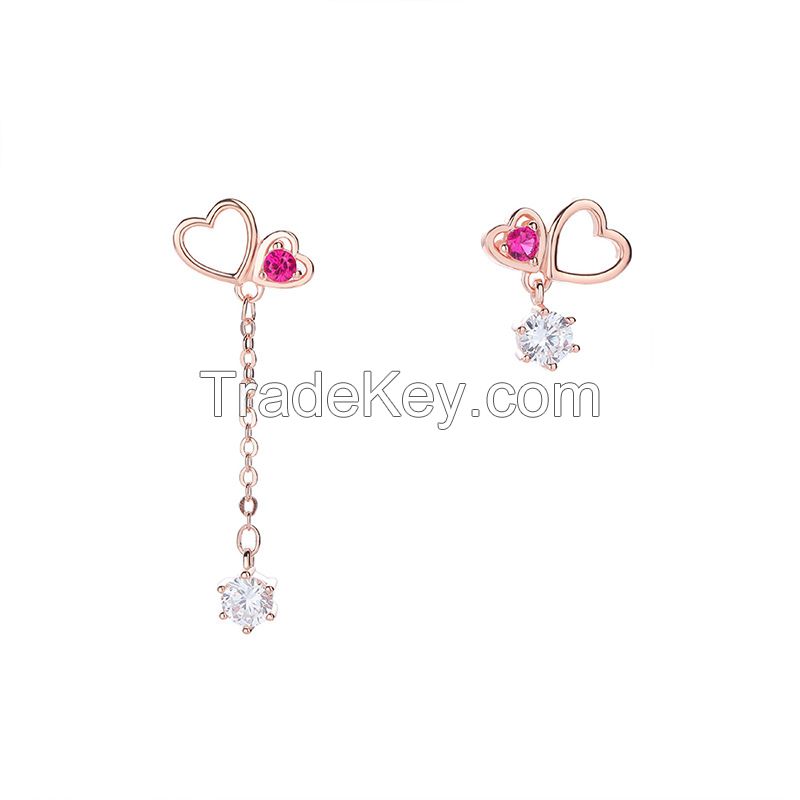 925 Sterling Silver Color CZ Stud Drop Asymmetrical Earrings With Heart Shaped