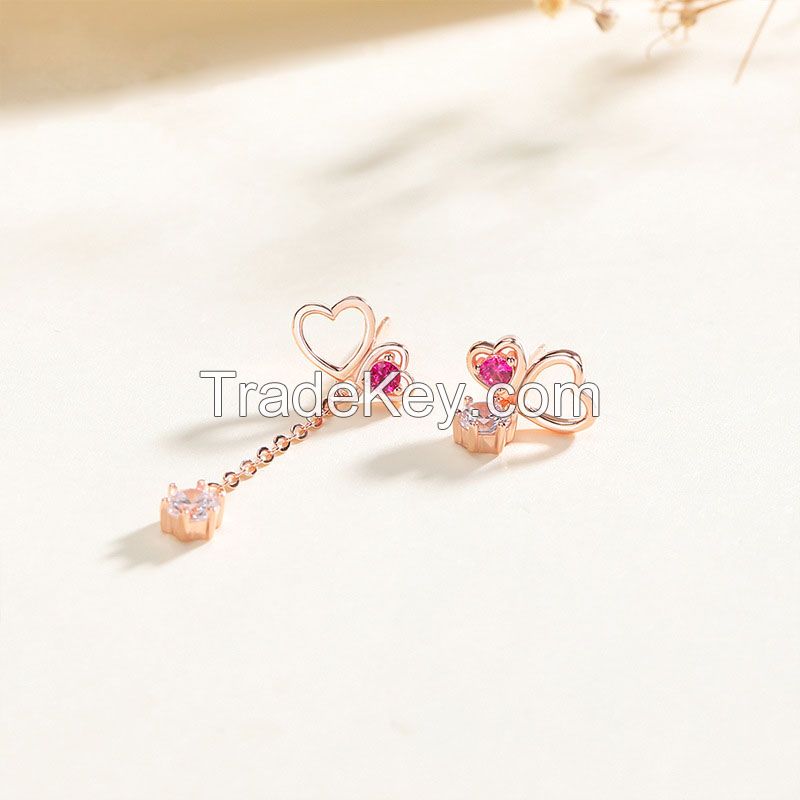 925 Sterling Silver Color CZ Stud Drop Asymmetrical Earrings With Heart Shaped