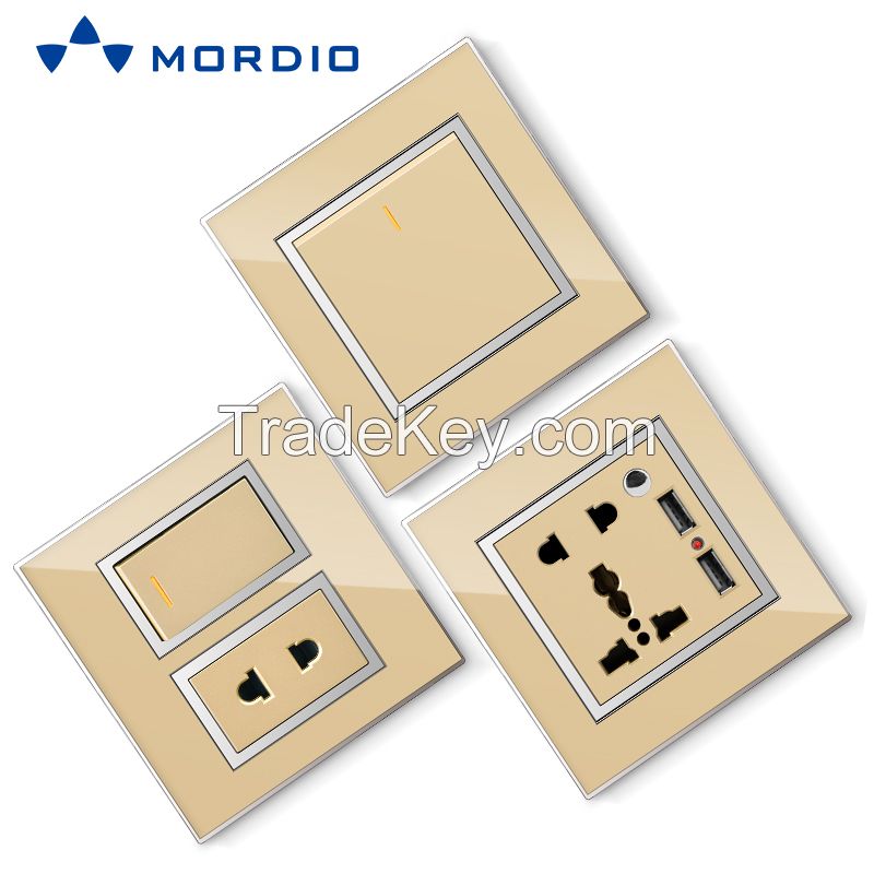 K8 Stainless/ Acrylic/ PC /Glass Silver and Golden Euro BS Standard Wall Electric 2P+E Socket Outlet and Square/Circle Switch 250V