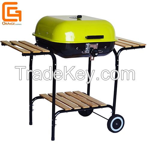 Square Outdoor Burger Charcoal Bbq Grill with Wooden Side and Shelf