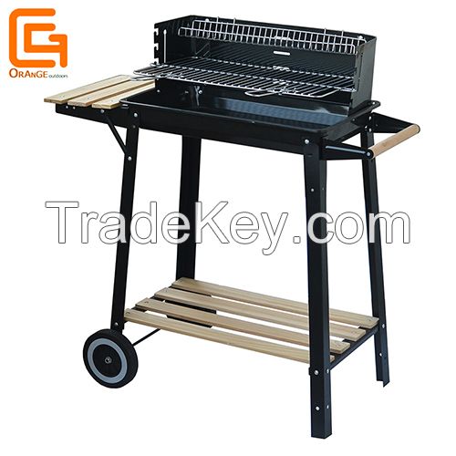 Rectangle Mobile Simple Barbeque Grills with Wooden Side and Shelf